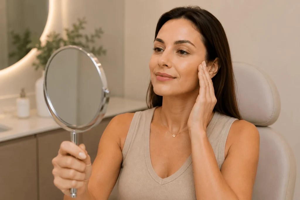 Mulher-observando-no-espelho-a-naturalidade-da-expressao-apos-tratamento-com-Botox